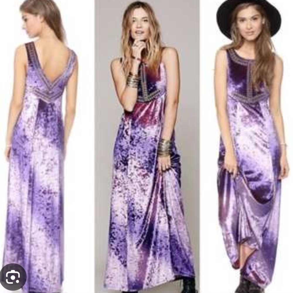 Free people purple velvet maxi dress neck embroidered boho style - Picture 3 of 11